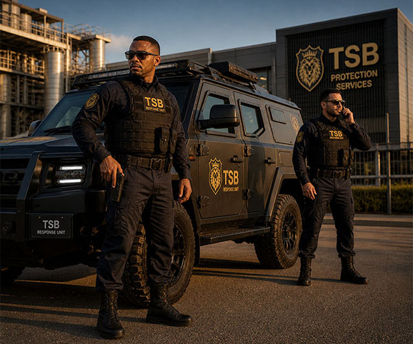 TSB Protection Services armed response officer in tactical gear ready for rapid deployment