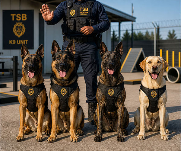 Elite working dog breeds used by TSB Protection Services K9 unit including Belgian Malinois and German Shepherd