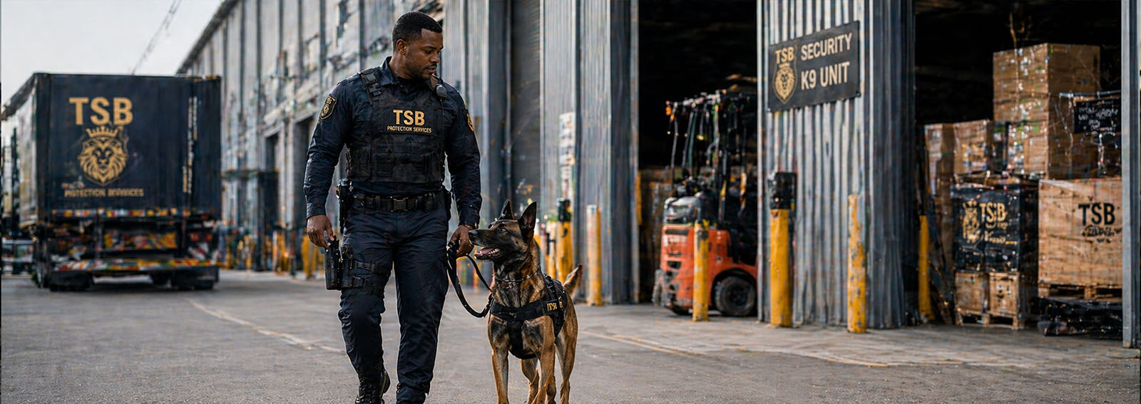 TSB Protection Services K9 security unit with trained working dog for explosive and narcotics detection
