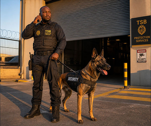 TSB Protection Services K9 handler with trained working dog ready for security patrol