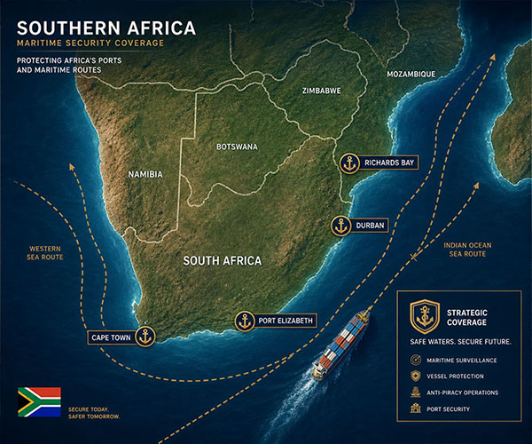 Map showing TSB Protection Services maritime security operating areas across African waters