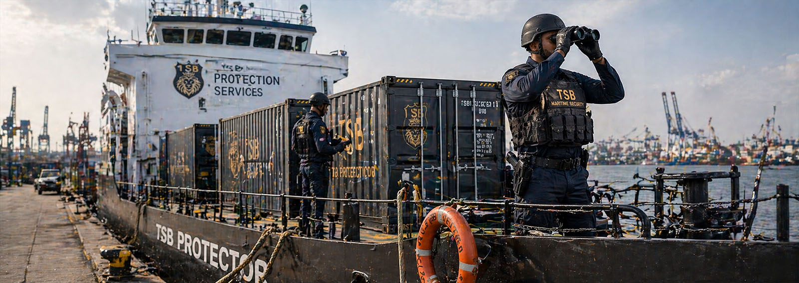 TSB Protection Services maritime security team on patrol vessel providing anti-piracy and asset protection at sea