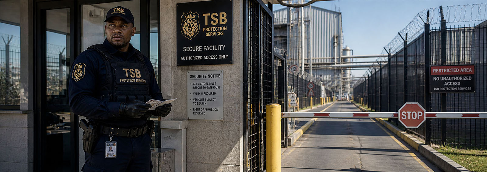 TSB Protection Services professional security officer providing visible deterrence and access control at corporate headquarters