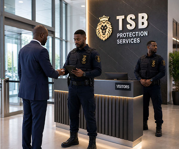 TSB Protection Services security professional monitoring access control at a corporate facility