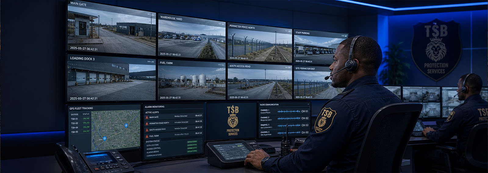 TSB Protection Services surveillance monitoring control room with trained personnel managing real-time security feeds