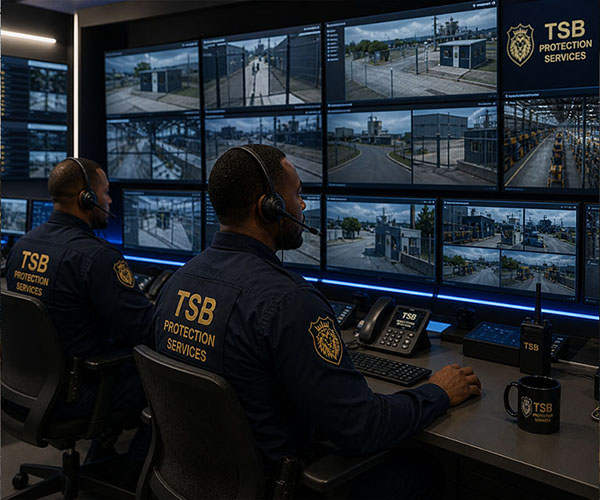 TSB Protection Services surveillance monitoring dashboard with real-time security feeds and incident detection
